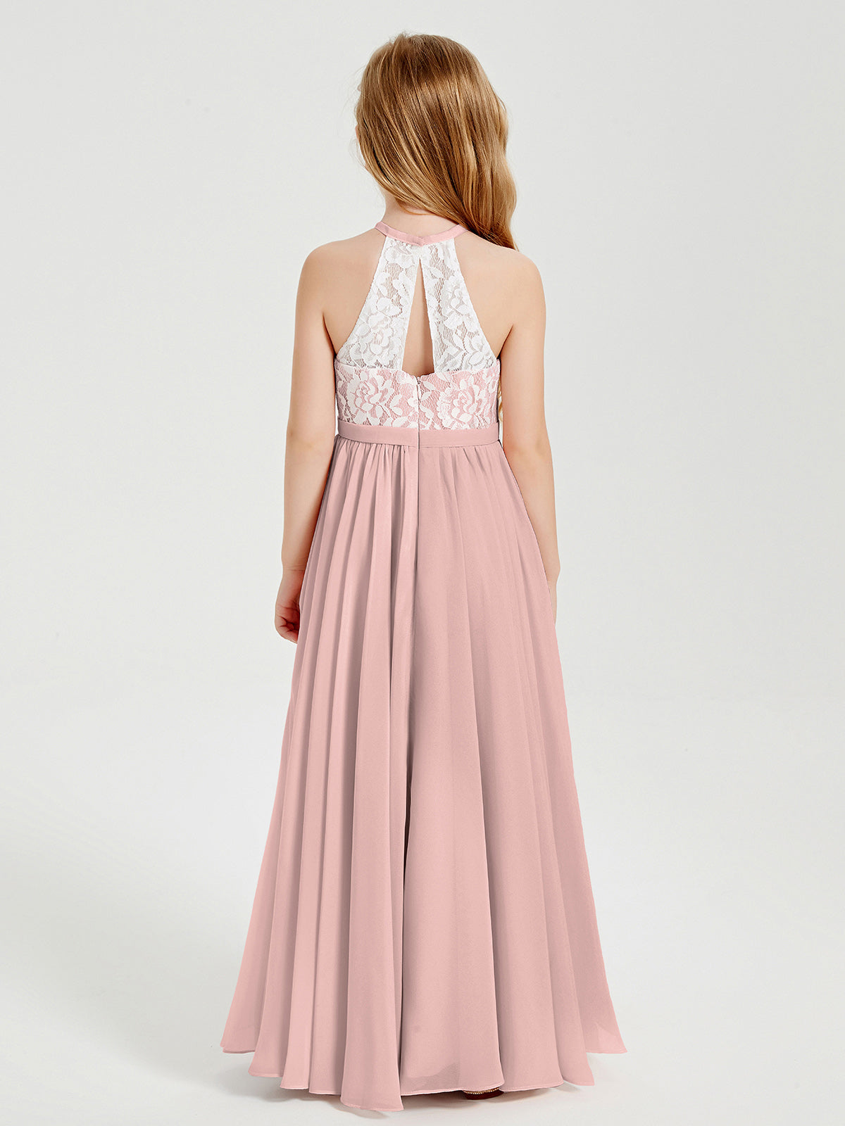 Lace Top Long Chiffon Bridesmaid Dresses Dusty Rose